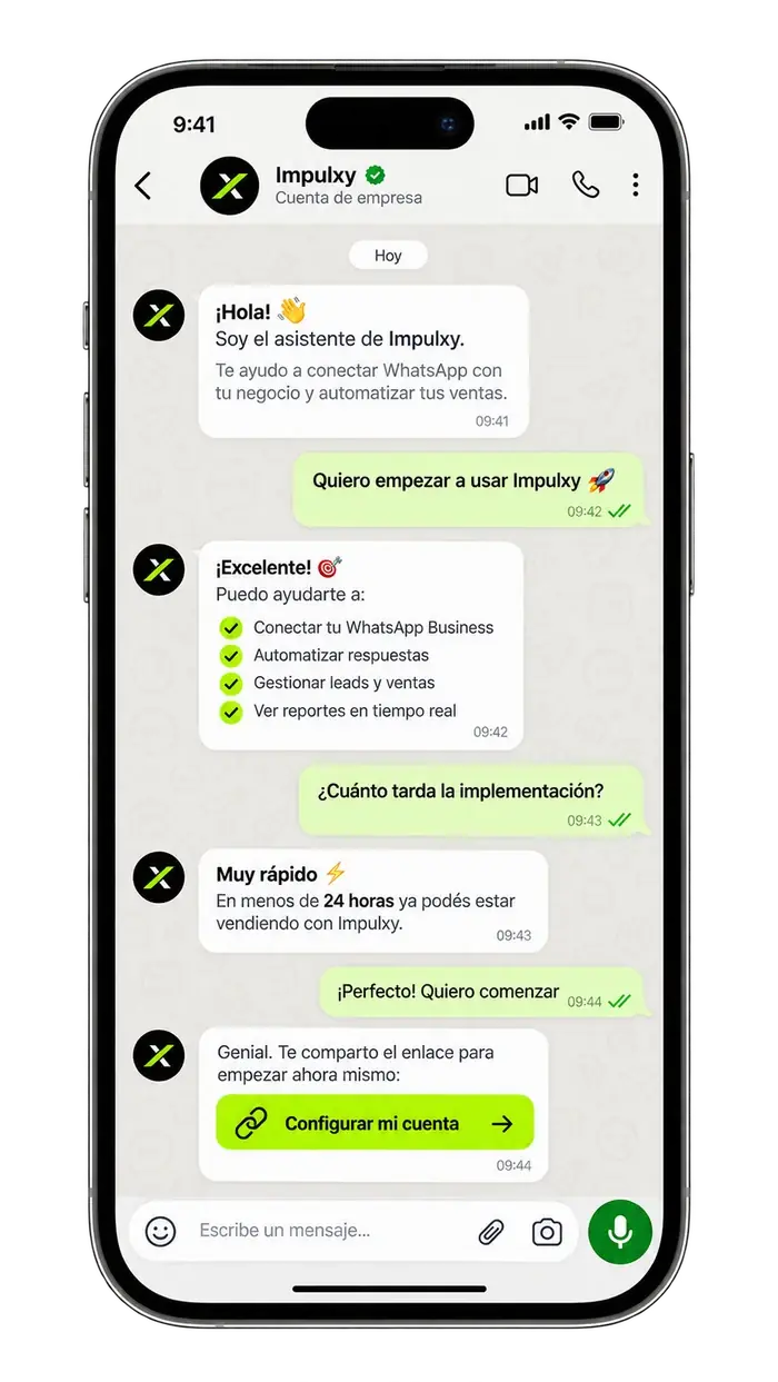 Conversación de WhatsApp con el asistente de Impulxy